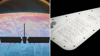 A render of the Europa Clipper above the colorful surface of Europa. | A photo of the front side of the plate, complete with the poem, illustrations, and visual representations.