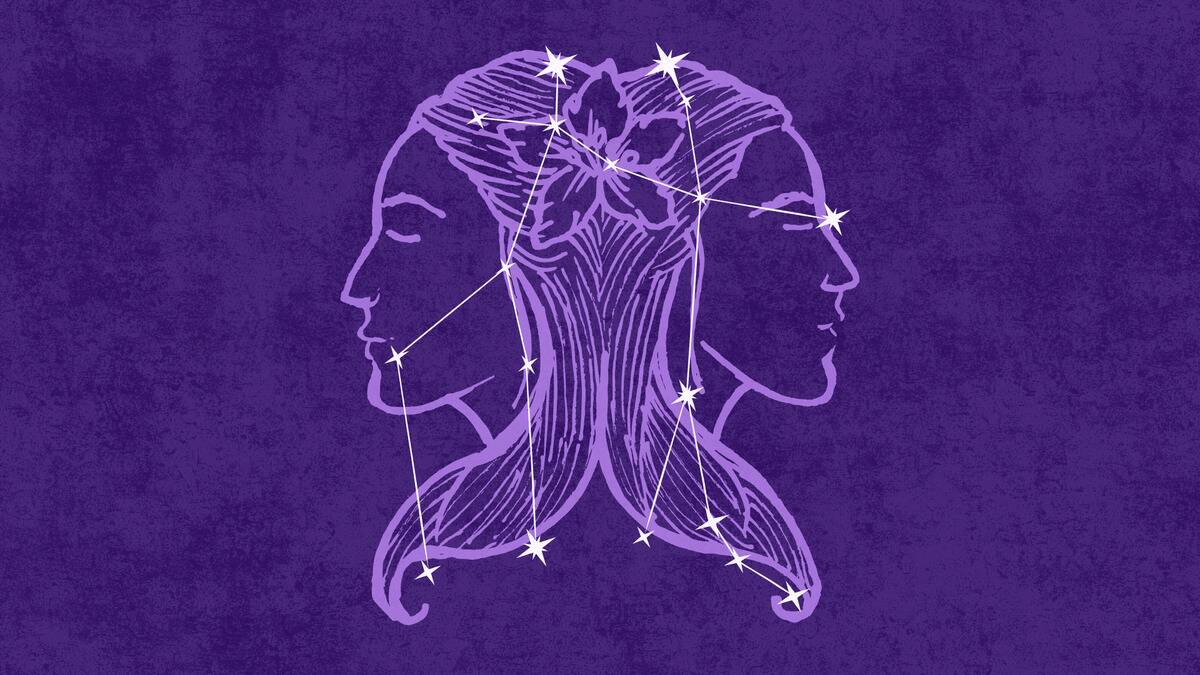  On a dark purple textured background is a light purple illustration of mirrored women's faces, representing twins.. Atop that is an off-white  graphic depicting the Gemini constellation.  