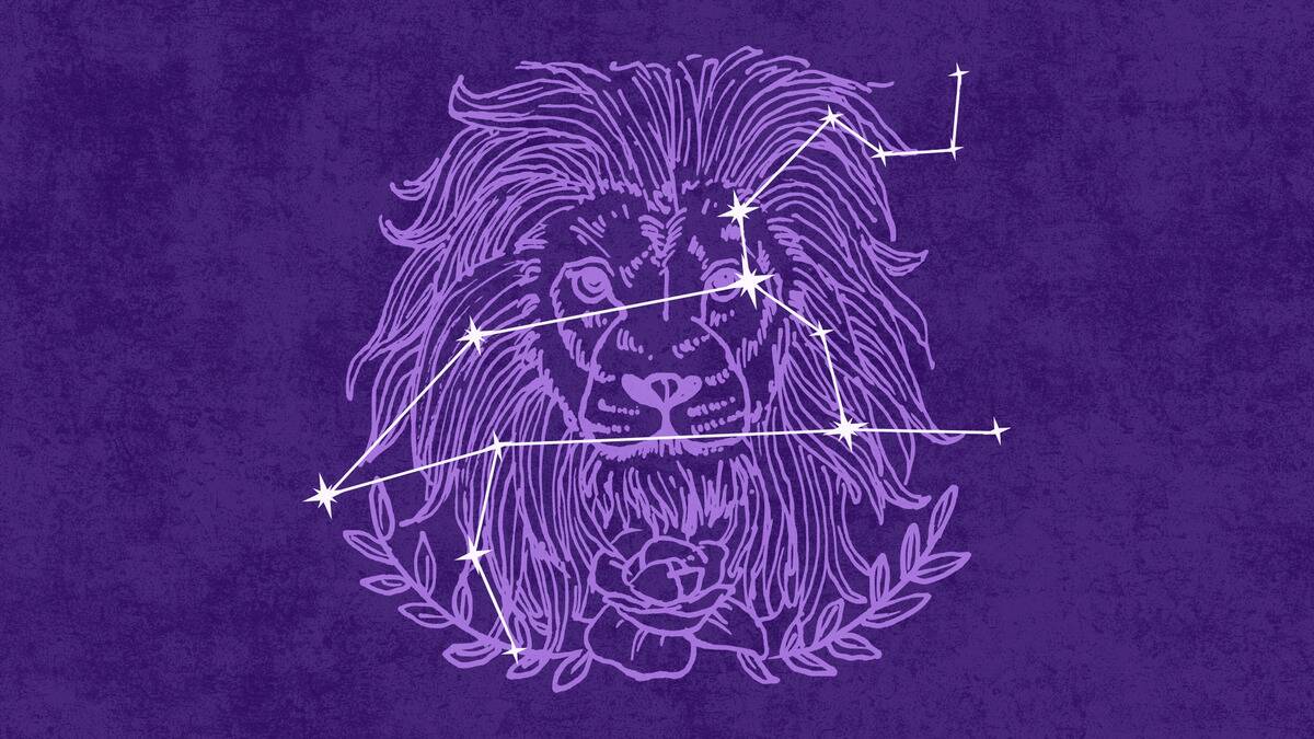  On a dark purple textured background is a light purple illustration of a lion's head. Atop that is an off-white  graphic depicting the Leo constellation.  