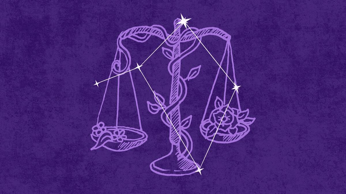  On a dark purple textured background is a light purple illustration of scales with flowers wrapped around it.. Atop that is an off-white  graphic depicting the Libra constellation.  