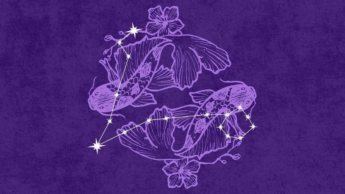 On a dark purple textured background is a light purple illustration of two fish swimming, mirroring one another. Atop that is an off-white graphic depicting the Pisces constellation.