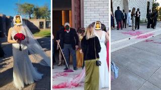 The bride in her dress with her bouquet. | The red paint on the bride's dress and the pavement outside the venue. | The remnants of the red paint on the stairs outside the wedding venue.