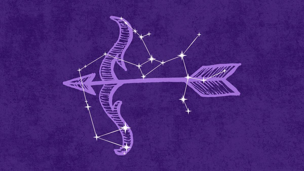 On a dark purple textured background is a light purple illustration of a bow and arrow. Atop that is an off-white  graphic depicting the Sagittarius constellation.  