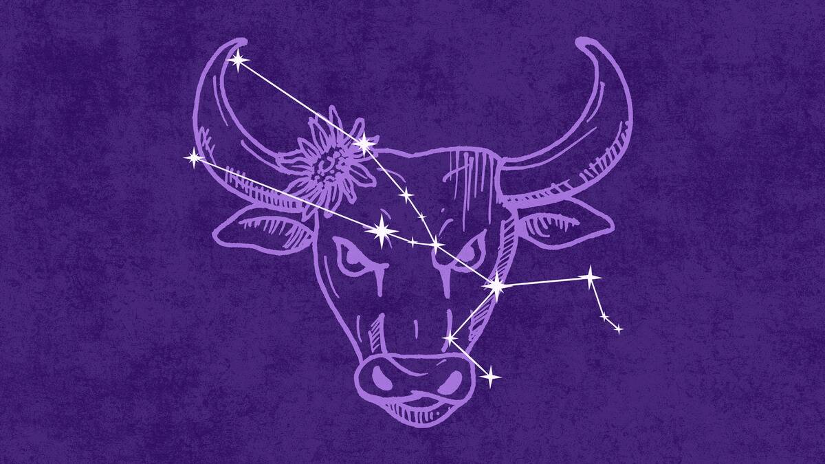 On a dark purple textured background is a light purple illustration of a bull. Atop that is an off-white 
graphic depicting the Taurus constellation.