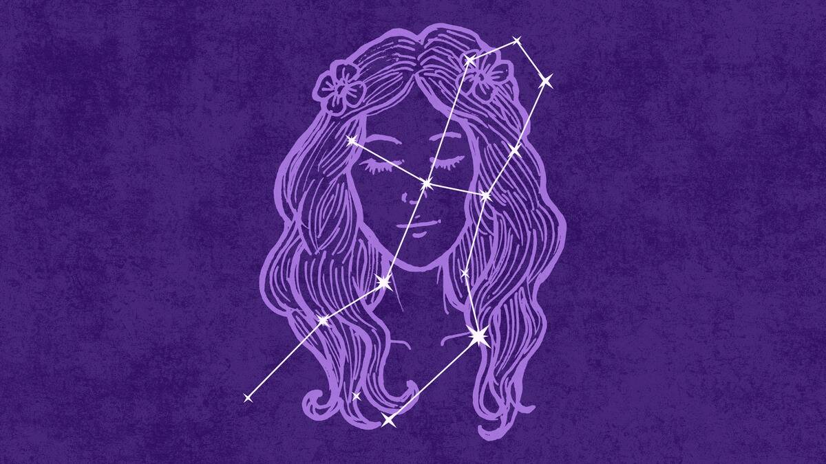  On a dark purple textured background is a light purple illustration of a woman with her eyes closed and flowers in her hair. Atop that is an off-white  graphic depicting the Virgo constellation.  
