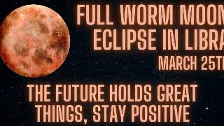 An artistic watercolor rendition of an eclipsed moon with large, glowing reddish text around it that reads, 