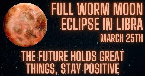 An artistic watercolor rendition of an eclipsed moon with large, glowing reddish text around it that reads, 