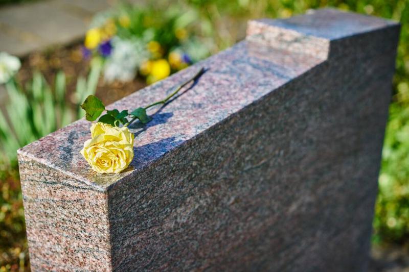 A shot of a headstone from behind with a yellow rose placed on top.