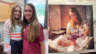 Kelsey and Mary Ann together at Mary Ann's work. / Kelsey's baby photo from the day of her birth, Mary Ann tending to her.