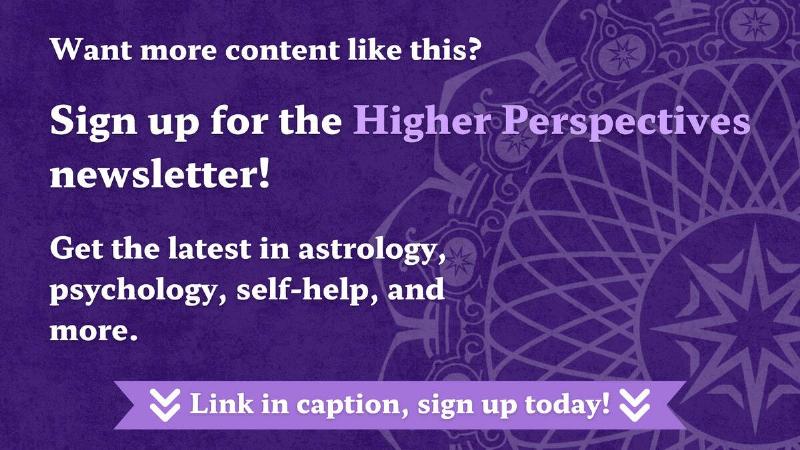 A purple textured background with a large, semi-transparent graphic of Higher Perspective's mandala logo rising from the lower right corner. There's white text that reads, 
