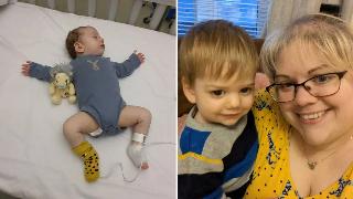 Baby Thomas in a hospital bed, a wire attached to his leg, splayed out in a blue onesie as he sleeps. | Thomas and Hedges in a selfie, both smiling.