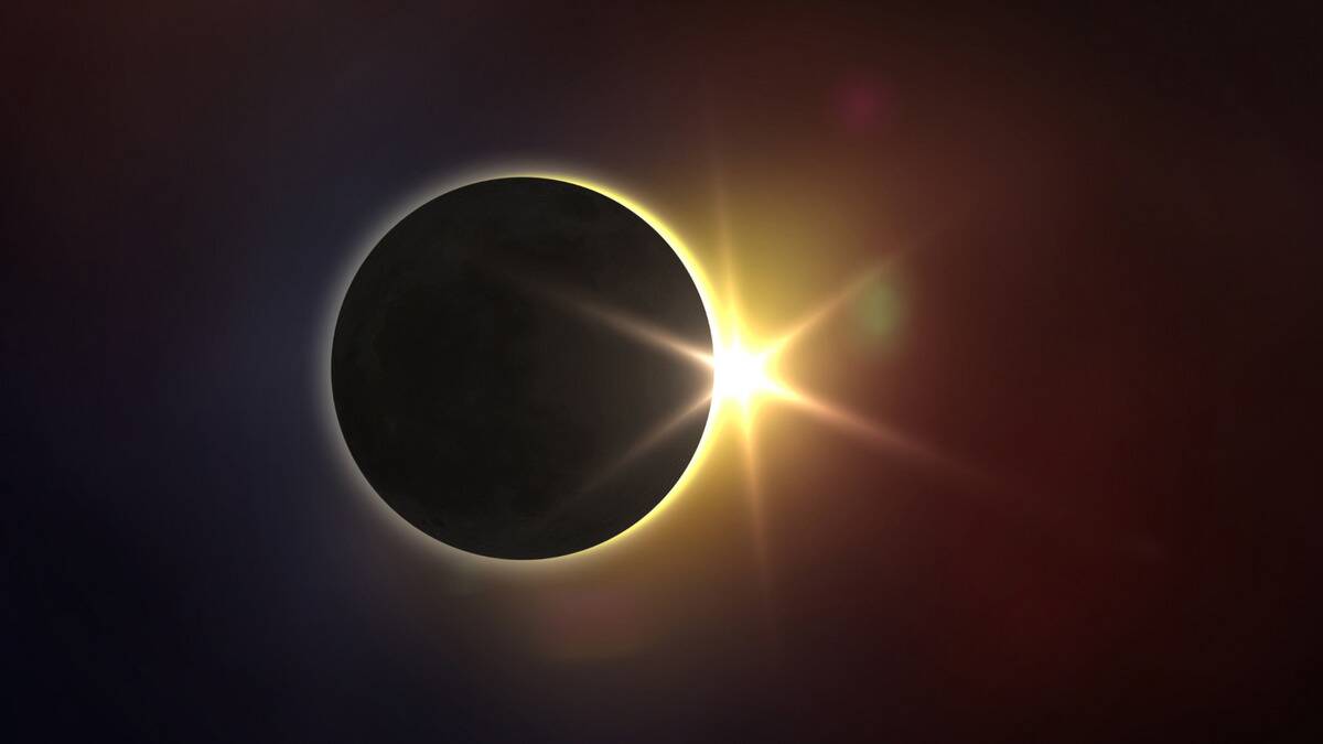 A render of a solar eclipse, a star-shaped glare on the right side.