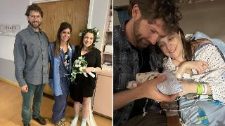 Nora and Michael with the nurse who helped them get married. | Nora and Michael holding their newborn baby in the hospital.