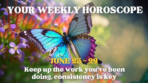 A beautiful, iridescent blue and pink butterfly perched on a flower. On top of this image is text that reads, 