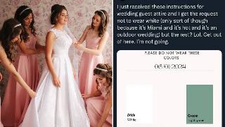 A bride standing in her dress as her bridesmaids help put on finishing touches. | The tweet in question, showing the image Nicole received in the invite.