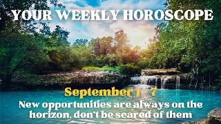 A photo of a small waterfall that falls into a river surrounded by trees, the sun seen rising above the trees on the horizon. There's text on top that reads, 