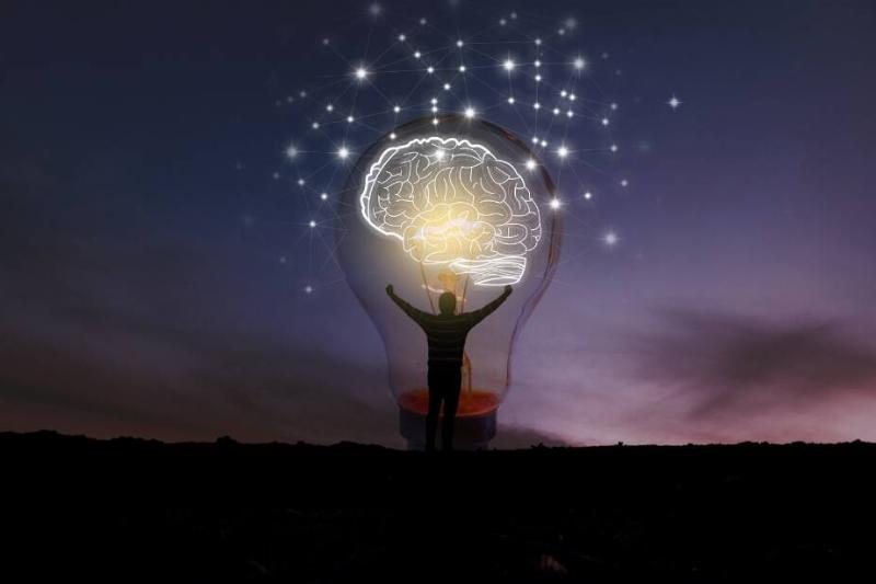 A person silhouetted with a lightbulb behind them, its filament is lit up as a brain, indicating that their creativity is important and central to them