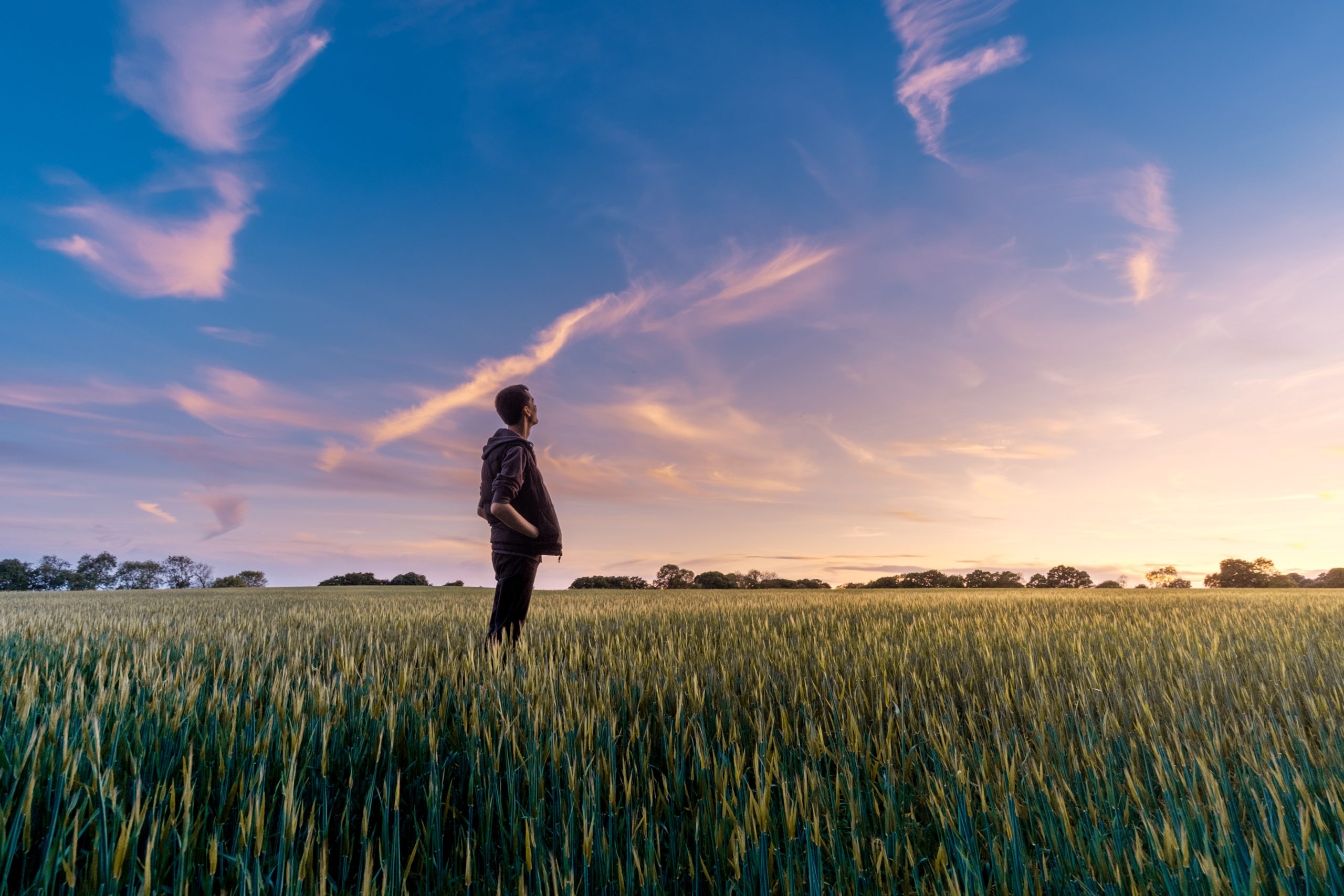 A man standing in a field, looking towards the sun rising.