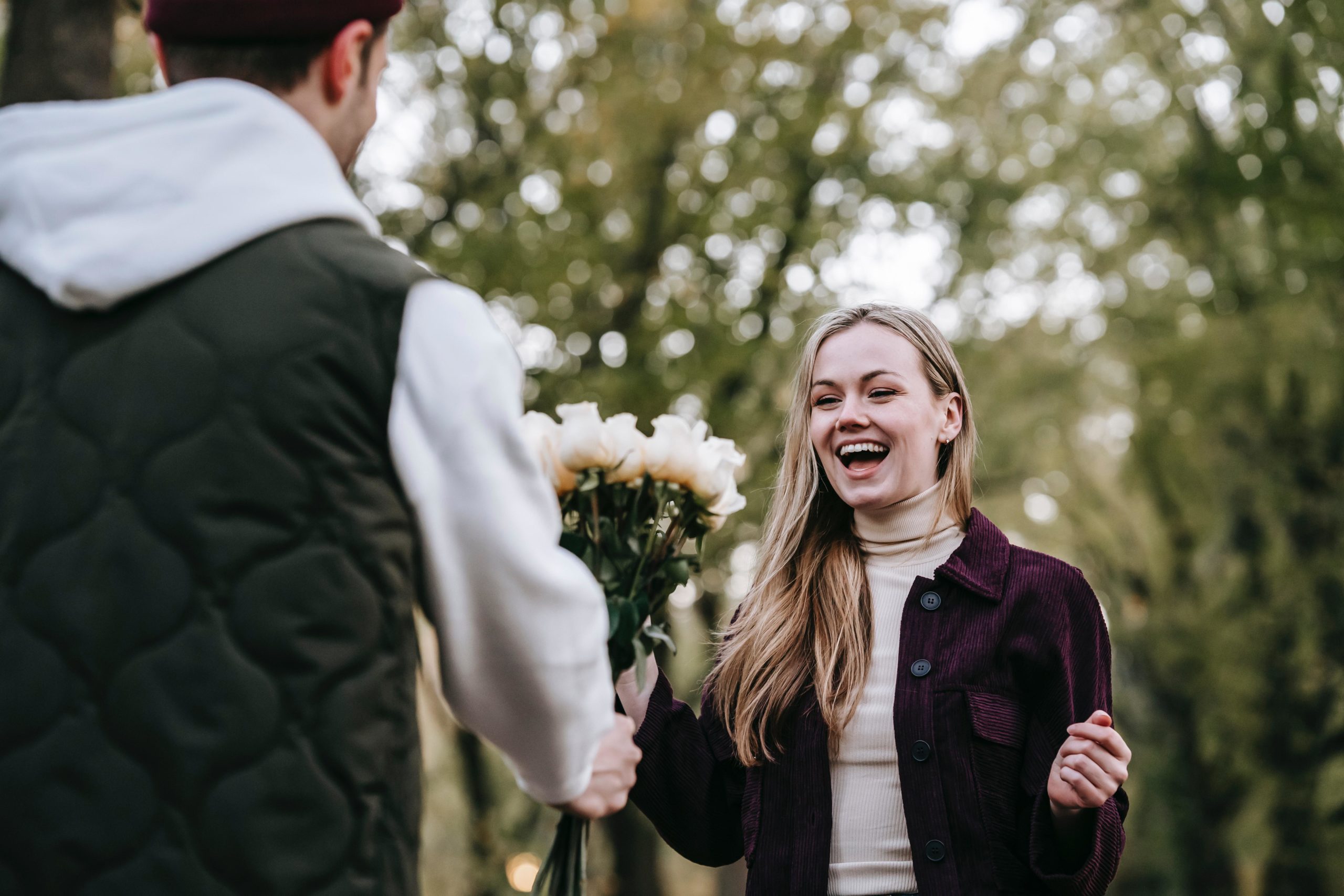 woman surprised by flowers