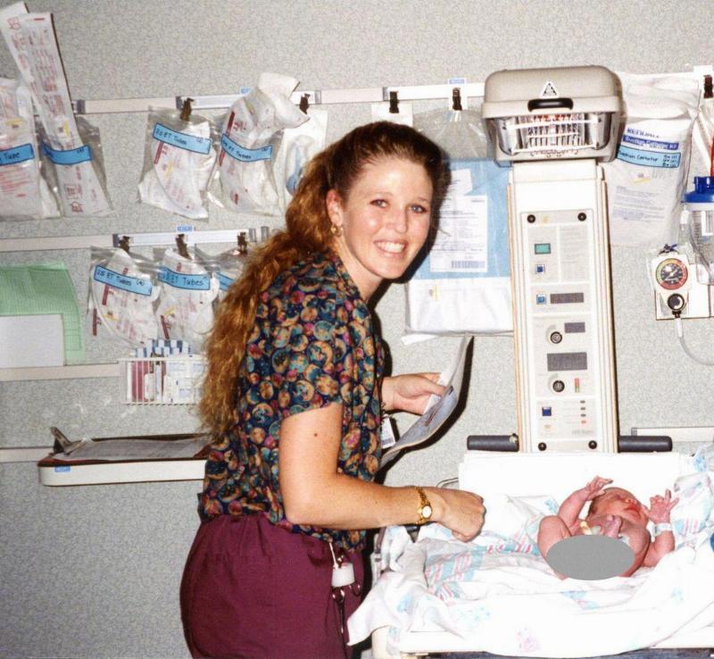 Pam and newborn baby in hospital