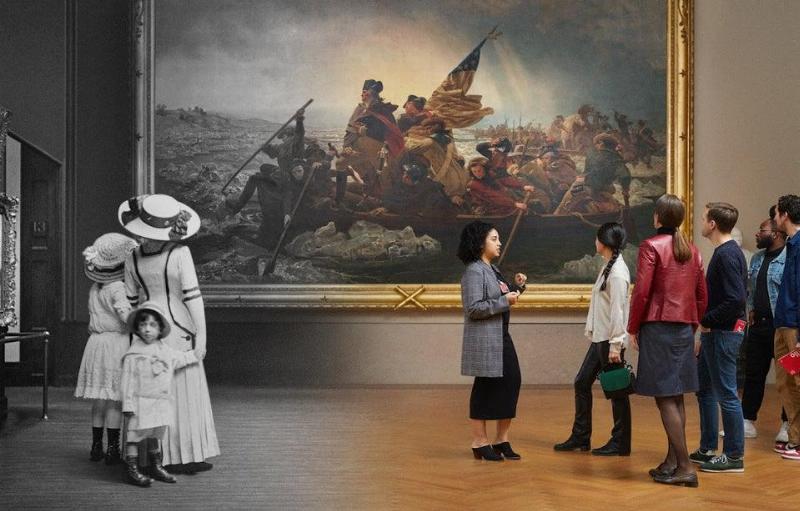 painting in museum with black and white visitors on the left and modern colorful visitors on the right