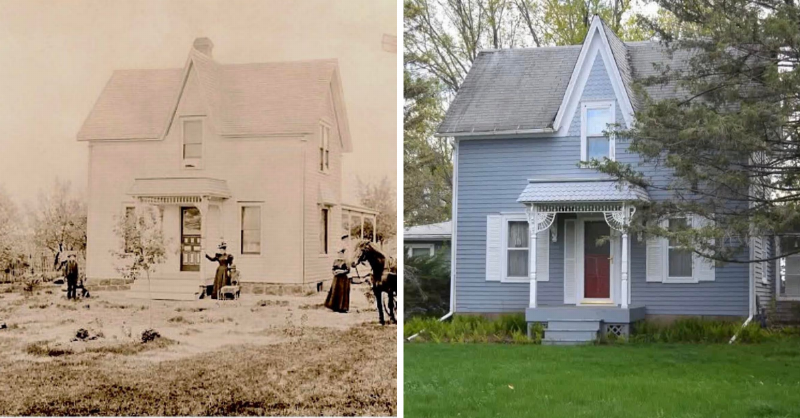 house in 1900 on the left in vintage photo vs 2000 on the right