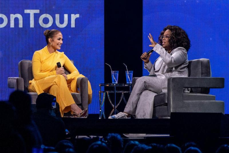 Oprah and Jennifer Lopez speak onstage during 'Oprah's 2020 Vision: Your Life in Focus Tour' presented by WW (Weight Watchers Reimagined) at The Forum on February 29, 2020 i