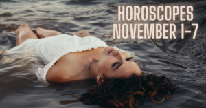 woman laying in water with horoscope sign