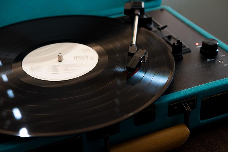record player sitting on chair