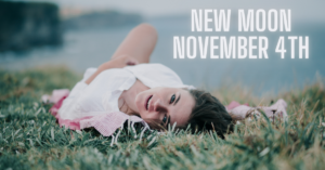 woman laying in the grass with text beside her