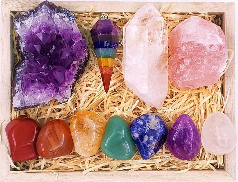 box filled with healing crystals