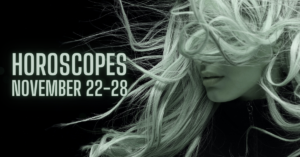 horoscopes text beside woman in green with her hair blowing