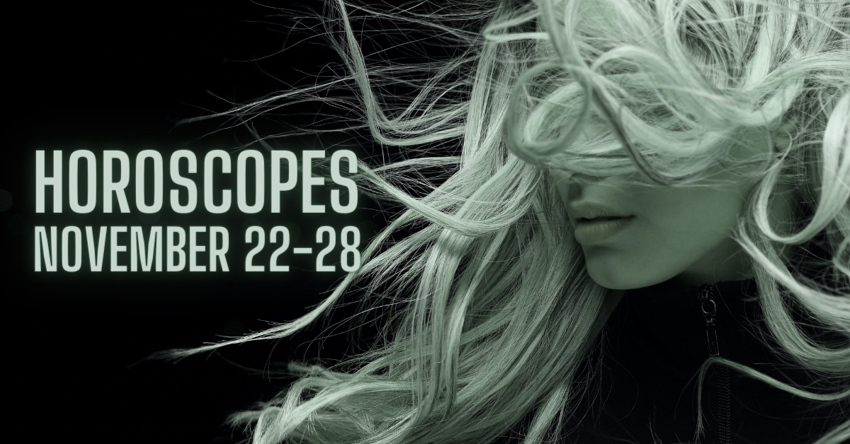 horoscopes text beside woman in green with her hair blowing