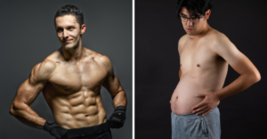 split images of muscular man vs man with belly