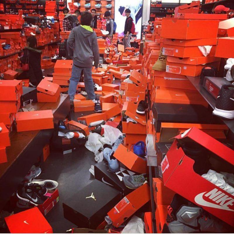 piles of ike shoes fallen down from aisles