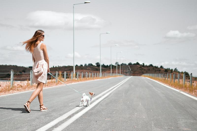 woman walking dog in the middle of the road in a dress
