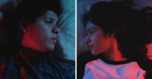 man and woman split image of them laying in bed in red lighting