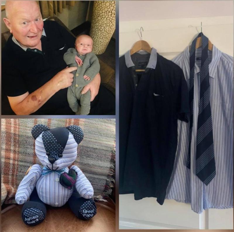 old man holding a baby, a display of clothes hung up, and the final product of te bear