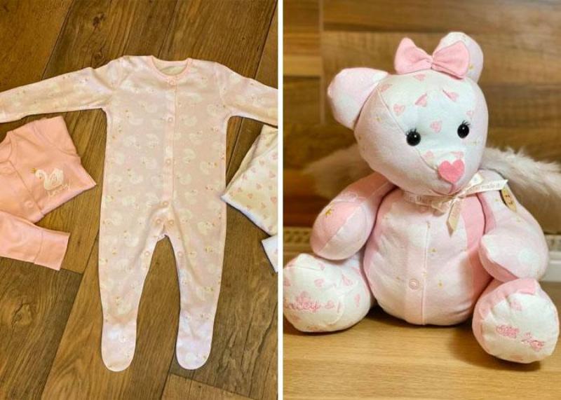 baby clothes on the left and resulting pink bear on the right
