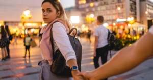 woman lading man by hand