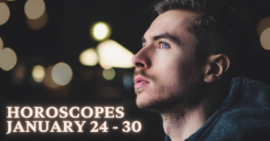 man looking up with horoscopes text