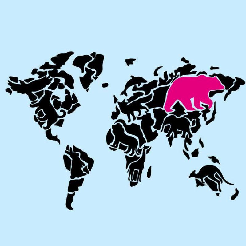 world map with bear in pink