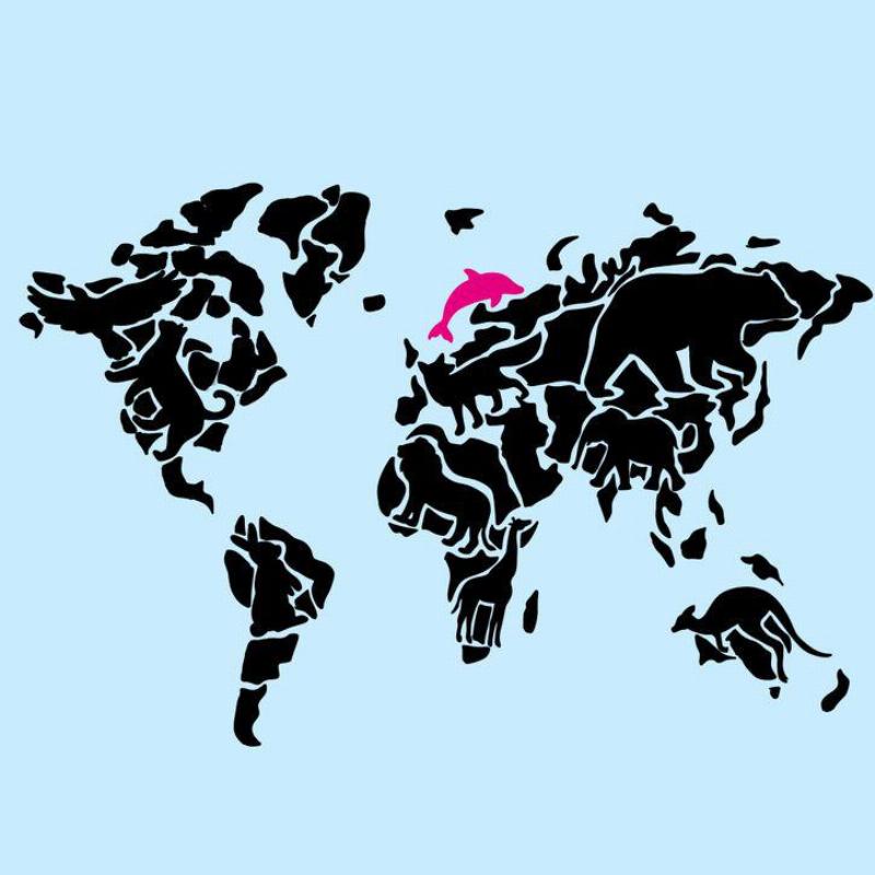 world map with dolphin in pink