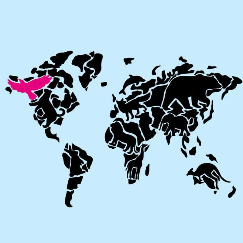 world map with eagle in pink