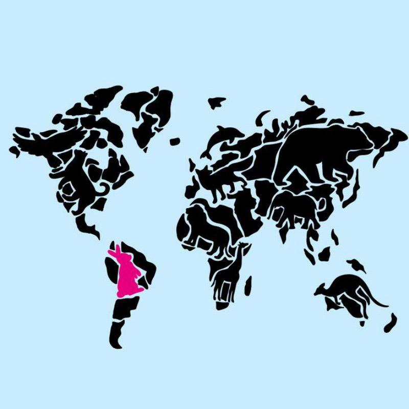 world map with rabbit in pink
