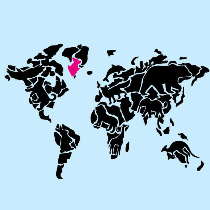 world map with fish in pink