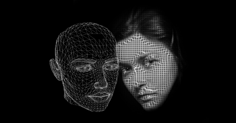 woman beside hologram of face all pixalated