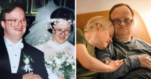 side to side photo of couple during wedding day and sitting on the couch