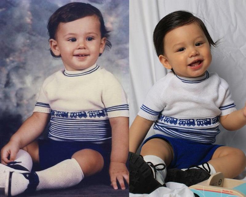 side by side of babies in 1970 and 2019 wearing same shirt