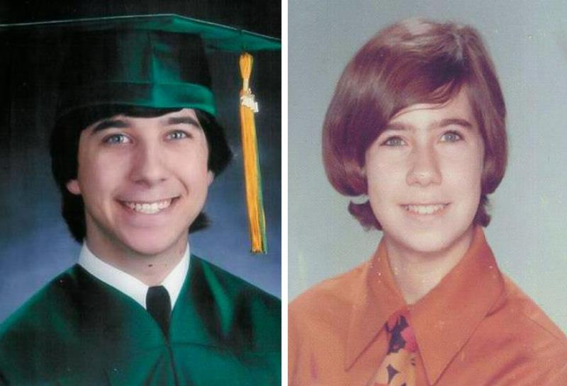side by side image of son with graduation hat and mother in orange button uip